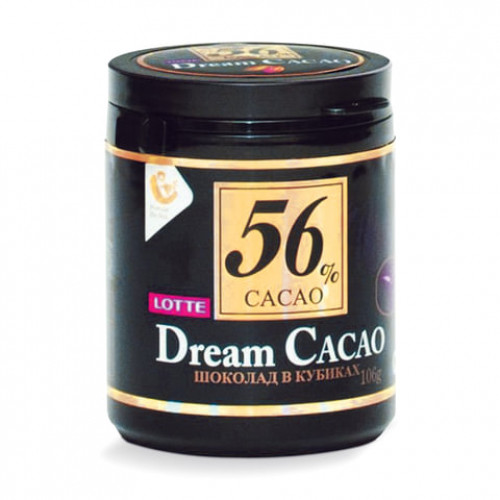 Шоколад LOTTE Dream Cacao, горький (какао 56%), в кубиках, в пластиковой банке, 106 г