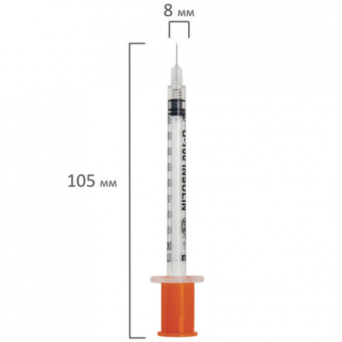 Шприц инсулиновый SFM, 1 мл, КОМПЛЕКТ 10 шт., в пакете, U-100 игла несъемная 0,3х8 мм - 30G, 534253