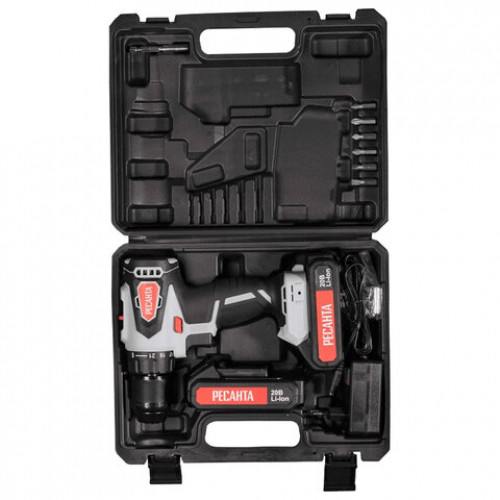 Дрель-шуруповерт аккумуляторная бесщеточная, 20В, 55 Нм, 2х2,0 А*ч, РЕСАНТА ДА-20-2ЛК-Б, 75/14/10