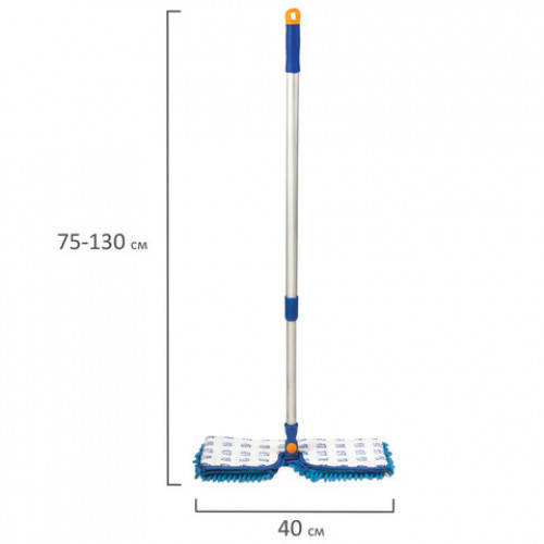 Швабра двусторонняя 40 см, телескопический черенок 130 см (алюминий), резьба 1,6 см, микрофибра, LAIMA, 601465