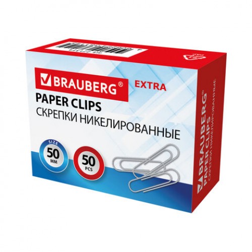 Скрепки большие EXTRA BRAUBERG 50 мм никелированные 50 штук, 271314