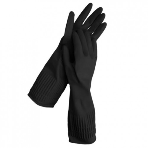 Перчатки МНОГОРАЗОВЫЕ латексные c ДЛИННОЙ МАНЖЕТОЙ 25 см, хлопковое напыление, СУПЕРПЛОТНЫЕ, размер 8-9, L (большой), черные, LAIMA, 700532
