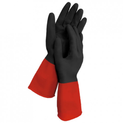 Перчатки МНОГОРАЗОВЫЕ латексные LAIMA БИКОЛОР черно-красные, ОСОБО ПРОЧНЫЕ, хлопковое напыление, размер XL (оч. большой), вес 64 г, 700540