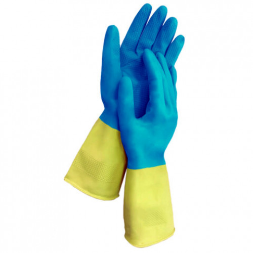 Перчатки МНОГОРАЗОВЫЕ латексные LAIMA БИКОЛОР сине-желтые, ОСОБО ПРОЧНЫЕ, хлопковое напыление, размер M (средний), вес 55 г, 700542