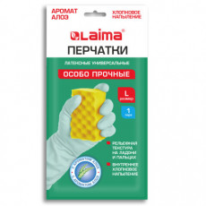 Перчатки МНОГОРАЗОВЫЕ латексные с АРОМАТОМ АЛОЭ, хлопковое напыление, ОСОБО ПРОЧНЫЕ, размер 8-9, L (большой), зеленые, LAIMA, 700546