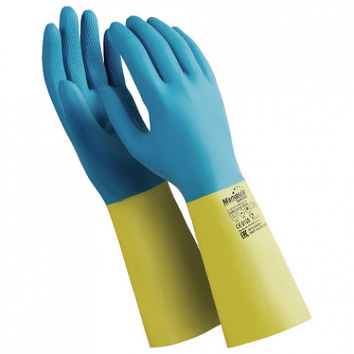 Перчатки латексно-неопреновые MANIPULA Союз, хлопчатобумажное напыление, размер 7-7,5 (S), синие/желтые, LN-F-05