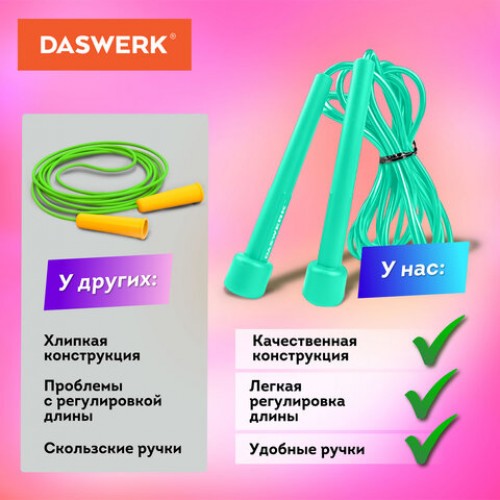 Скакалка спортивная 300 см, ПВХ, регулируемая длина, бирюзовая, DASWERK, 680028