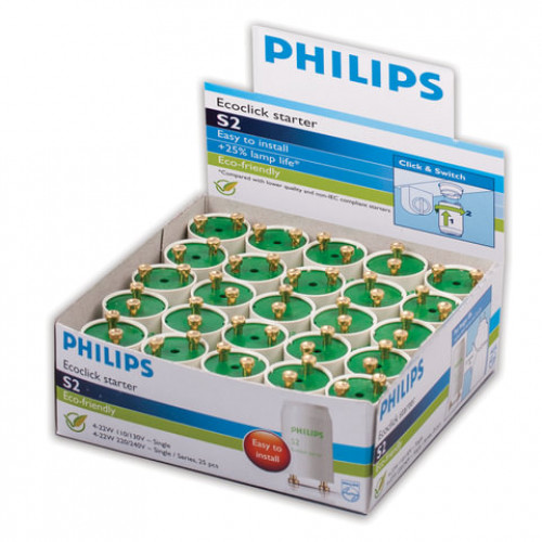 Стартеры для люминесцентных ламп PHILIPS S2, комплект 25 шт., 4-22 W, 220-240 V (двухламповая.схема подключения)