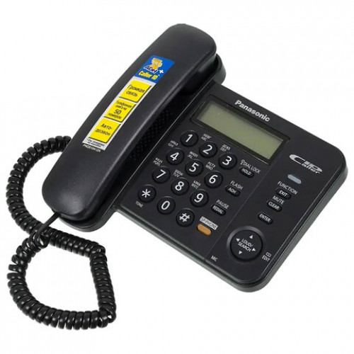 Телефон PANASONIC KX-TS2358RUB, черный, память 50 номеров, АОН, спикерфон, ЖК дисплей с часами, тональный / импульсный режим