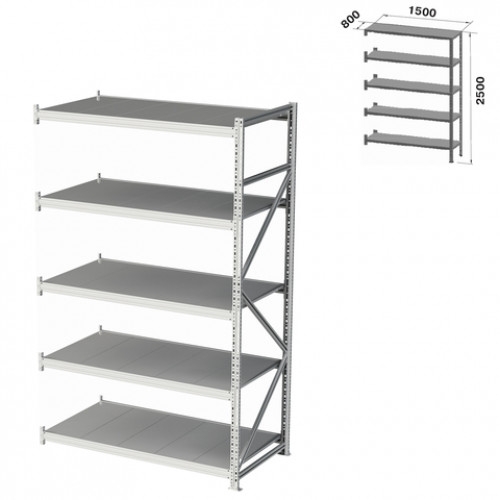 Стеллаж металлический (ПРИСТАВНАЯ СЕКЦИЯ) ПРАКТИК MS Pro, 2500х1500х800 мм, 5 полок (КОМПЛЕКТ)