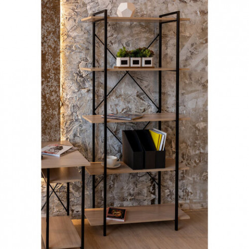 Стеллаж BRABIX SMART SH-004, 790х360х1950 мм, ЛОФТ, 5 полок, металл/ЛДСП ясень шимо светлый, каркас черный, 641943