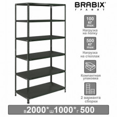 Стеллаж металлический BRABIX ГРАФИТ MS KD-200/50-6, лофт, 2000х1000х500 мм, 6 полок, 291273, S240BR245693