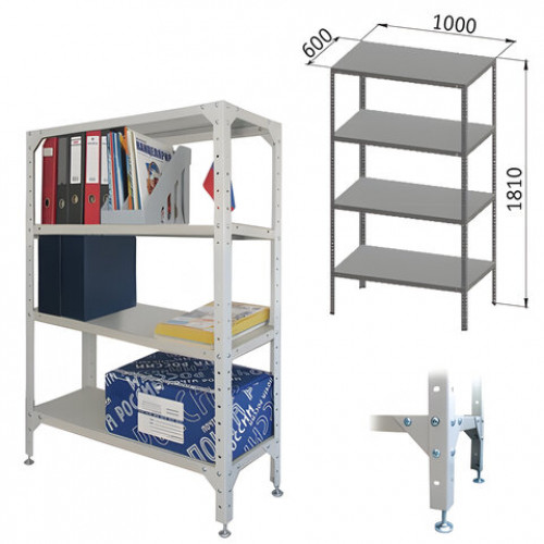 Стеллаж металлический УНИВЕРСАЛ, 1800х1000х600 мм, УСИЛЕННЫЕ СТОЙКИ, 4 полки, регулируемые опоры, 290350