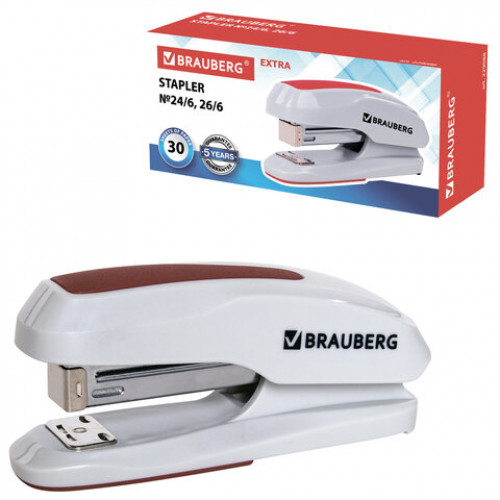 Степлер №24/6, 26/6 BRAUBERG Extra, до 30 листов, серо-красный, 229088
