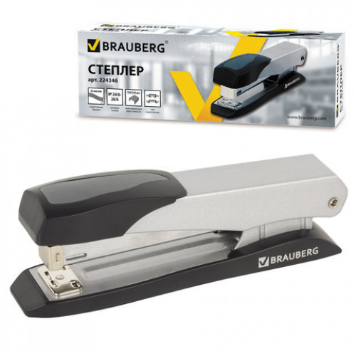 Степлер №24/6, 26/6 металлический BRAUBERG ST-300M, до 25 листов, серо-черный, 224346