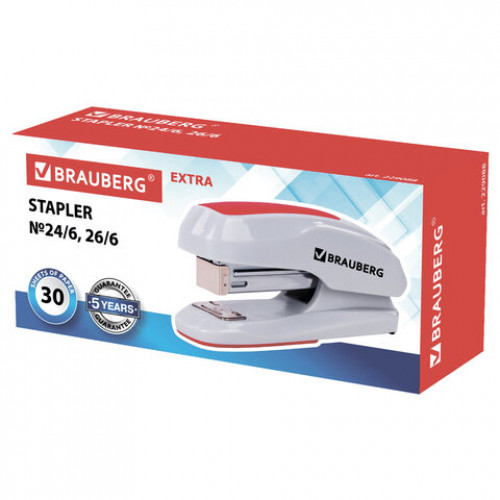 Степлер №24/6, 26/6 BRAUBERG Extra, до 30 листов, серо-красный, 229088