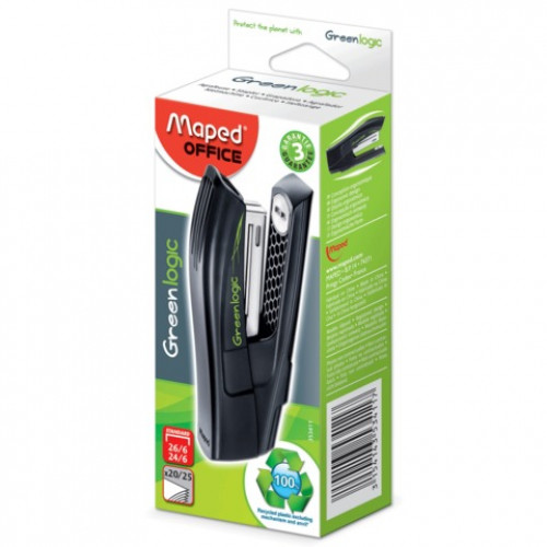 Степлер №24/6, 26/6 MAPED (Франция) Greenlogic, до 25 листов, черный, 353411