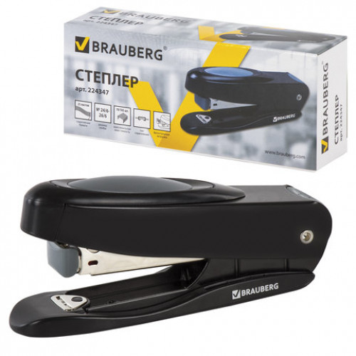 Степлер №24/6, 26/6 металлический BRAUBERG ST-150MF, до 25 листов, с резиновой накладкой, черный, 224347