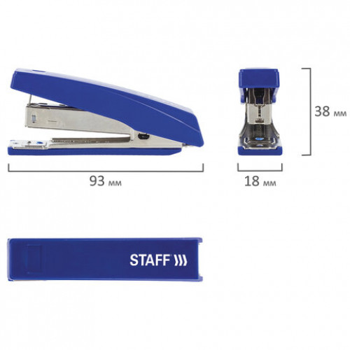 Степлер №10 STAFF Basic, до 10 листов, с антистеплером, синий, 227405