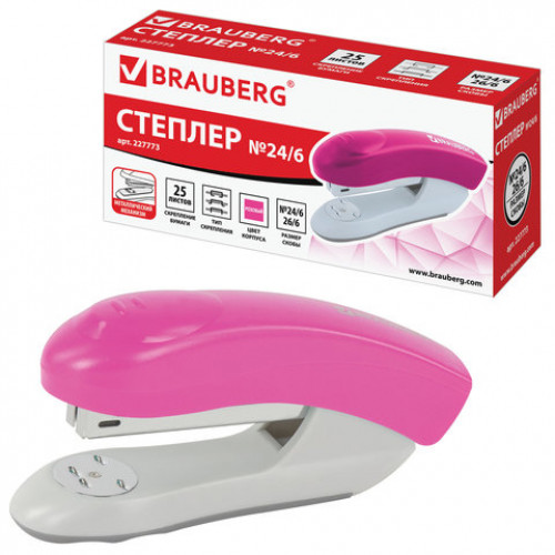 Степлер №24/6, 26/6 BRAUBERG Original, до 25 листов, розовый, 227773