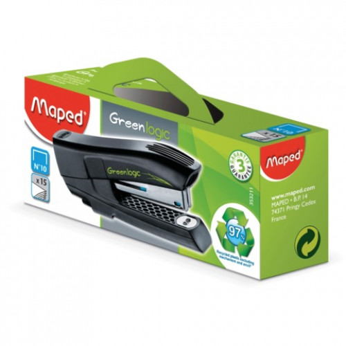 Степлер №10 MAPED (Франция) Greenlogic, до 15 листов, с антистеплером, черный, 353211