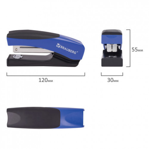 Степлер №24/6, 26/6 BRAUBERG Soft, до 20 листов, с резиновой накладкой, черно-синий, 226866