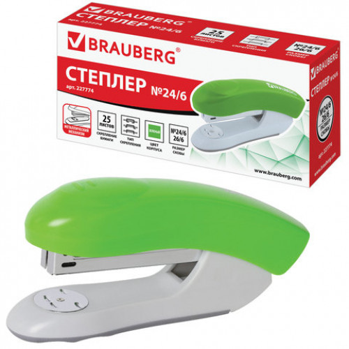 Степлер №24/6, 26/6 BRAUBERG Original, до 25 листов, зеленый, 227774