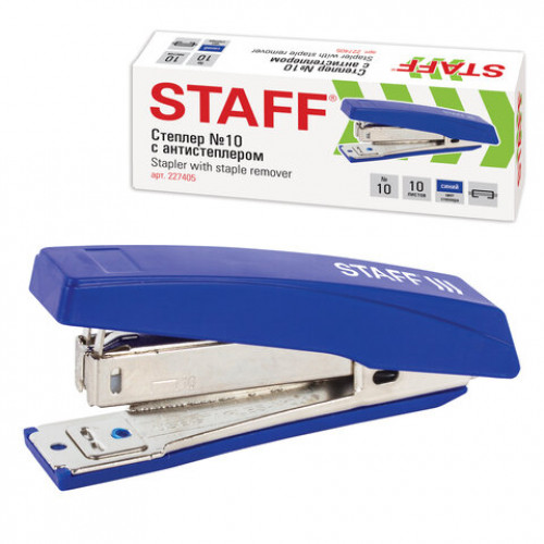 Степлер №10 STAFF Basic, до 10 листов, с антистеплером, синий, 227405
