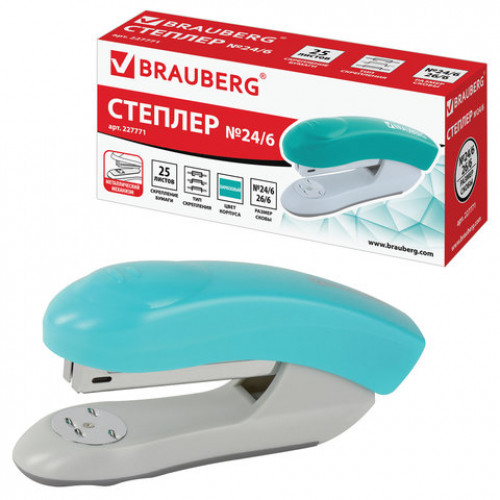 Степлер №24/6, 26/6 BRAUBERG Original, до 25 листов, бирюзовый, 227771