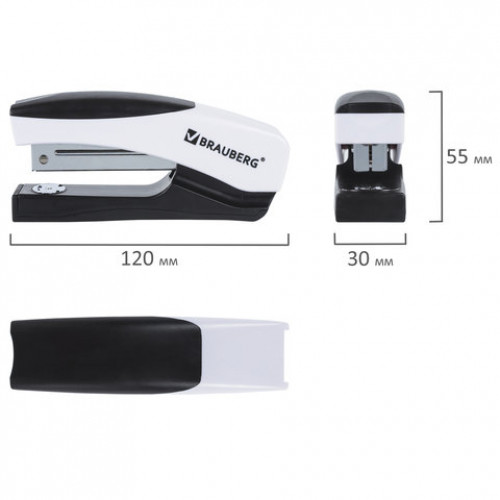 Степлер №24/6, 26/6 BRAUBERG Soft, до 20 листов, с резиновой накладкой, черно-белый, 226865