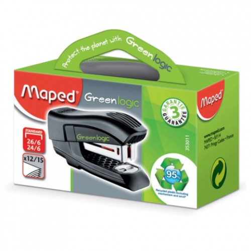 Степлер №24/6, 26/6 МИНИ MAPED (Франция) Greenlogic, до 15 листов, с антистеплером, черный, 353011