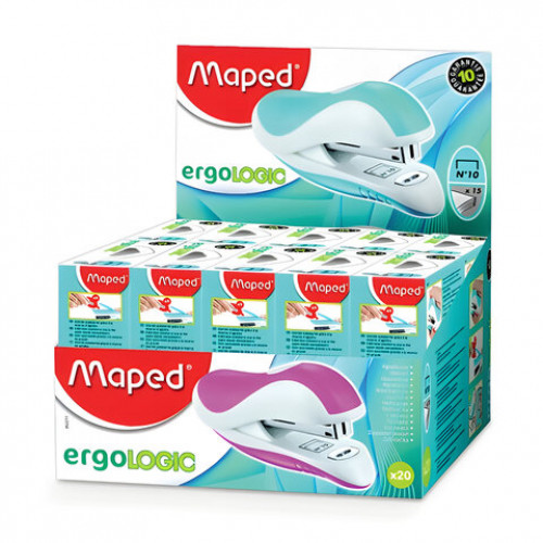 Степлер №10 MAPED (Франция) Ergologic, до 15 листов, с контейнером для скоб и антистеплером, ассорти, 352211