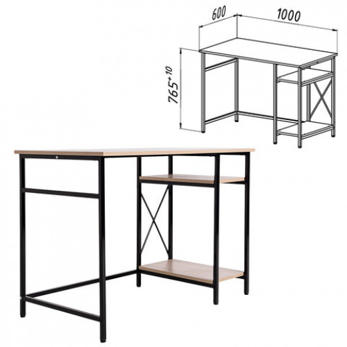 Стол BRABIX SMART CD-018, 1100х600х765 мм, ЛОФТ, 2 полки, металл/ЛДСП ясень шимо светлый, каркас черный, 641945