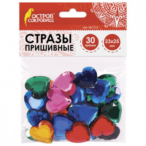 Стразы для творчества Сердце, цвет ассорти, 23х25 мм, 30 грамм, ОСТРОВ СОКРОВИЩ, 661213