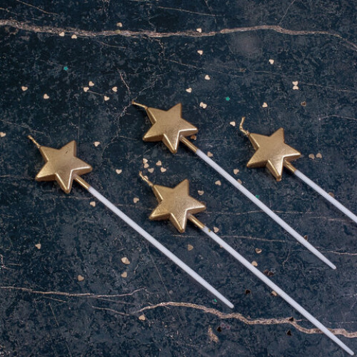 Набор свечей для торта Звезды на длинных пиках, 4 шт., 3,3 см, ЗОЛОТАЯ СКАЗКА, в блистере, 591453