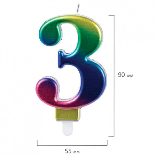 Свеча-цифра для торта 3 Радужная, 9 см, ЗОЛОТАЯ СКАЗКА, с держателем, в блистере, 591436