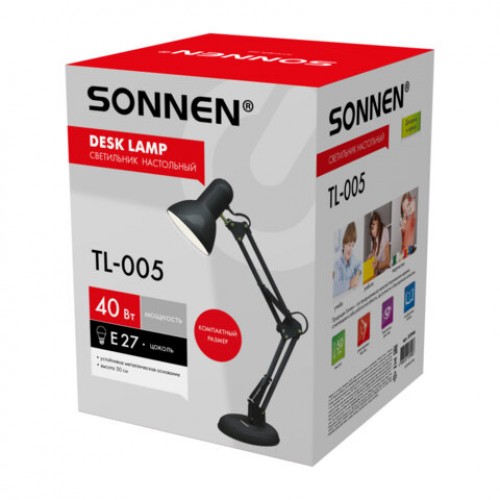 Настольная лампа / светильник SONNEN TL-005, на подставке, 40 Вт, Е27, черный, высота 50 см, 237646