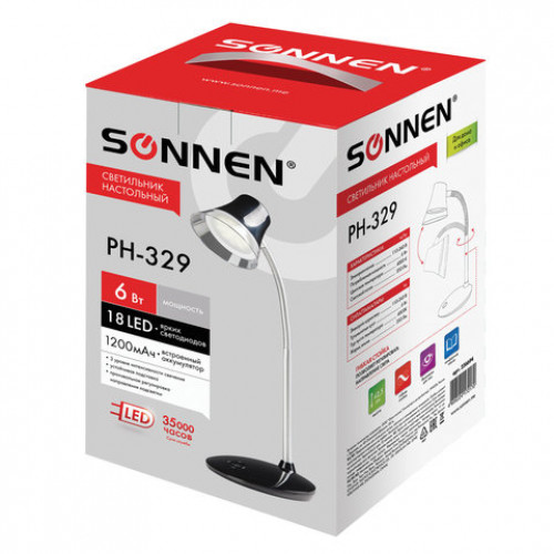 Светильник настольный SONNEN PH-329, на подставке, СВЕТОДИОДНЫЙ, 6 Вт, АККУМУЛЯТОР, зарядка от USB, черный, 236694