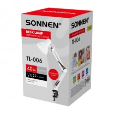 Настольная лампа / светильник SONNEN TL-006, на струбцине, 40 Вт, Е27, белый, высота 50 см, 237649