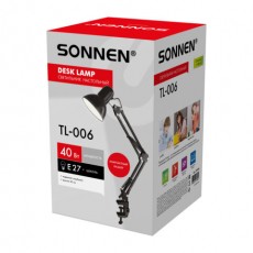 Настольная лампа / светильник SONNEN TL-006, на струбцине, 40 Вт, Е27, черный, высота 50 см, 237648