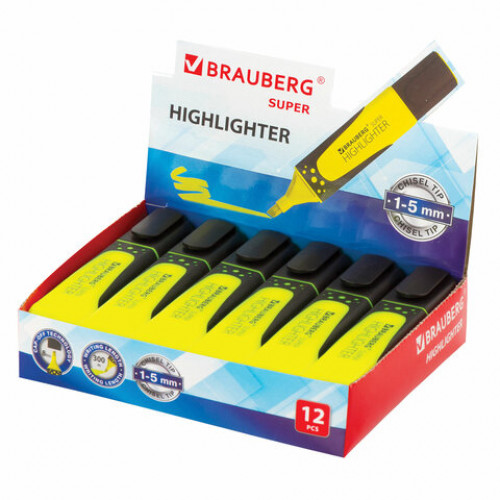 Текстовыделитель BRAUBERG SUPER, ЖЕЛТЫЙ, прорезиненный корпус, линия 1-5 мм, 151738