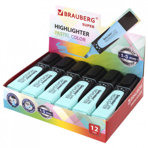 Текстовыделитель BRAUBERG SUPER PASTEL, БИРЮЗОВЫЙ, прорезиненный корпус, линия 1-5 мм, 151752