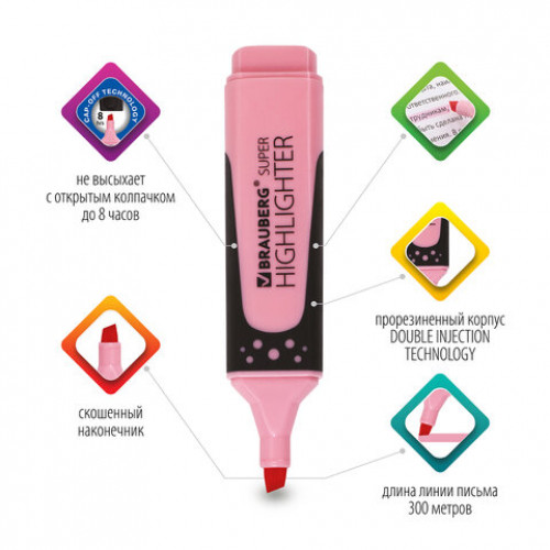 Текстовыделитель BRAUBERG SUPER PASTEL, ПАСТЕЛЬНЫЙ РОЗОВЫЙ, прорезиненный корпус, линия 1-5 мм, 151753