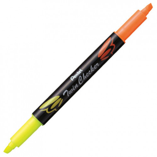 Текстовыделитель двусторонний PENTEL (Япония), ЖЕЛТЫЙ/ОРАНЖЕВЫЙ, Twin Checker, линия 3,5 мм, SLW8-GF