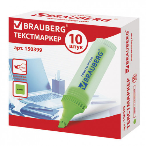 Текстовыделитель BRAUBERG FLUO, ЗЕЛЕНЫЙ, линия 1-5 мм, 150399