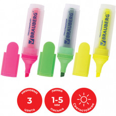 Набор текстовыделителей BRAUBERG 3 шт., АССОРТИ, FLUO, линия 1-5 мм, 150404