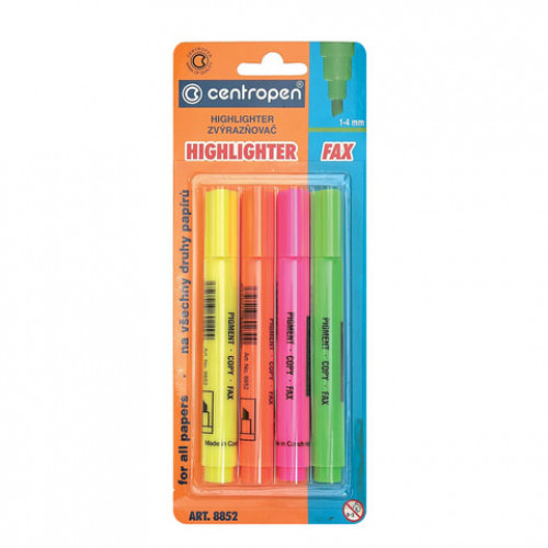 Текстовыделители CENTROPEN НАБОР 4 ЦВЕТА, с клипом, линия 1-4,6 мм, 4 8852 0403