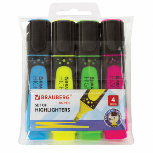 Набор текстовыделителей BRAUBERG 4 шт., АССОРТИ, SUPER, прорезиненный корпус, линия 1-5 мм, 151746