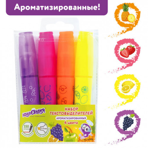 Набор текстовыделителей ЮНЛАНДИЯ 4 шт., АССОРТИ, ФРУКТЫ, АРОМАТИЗИРОВАННЫЕ, линия 1-5 мм, 151908
