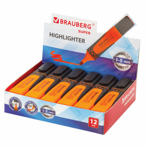 Текстовыделитель BRAUBERG SUPER, ОРАНЖЕВЫЙ, прорезиненный корпус, линия 1-5 мм, 151741